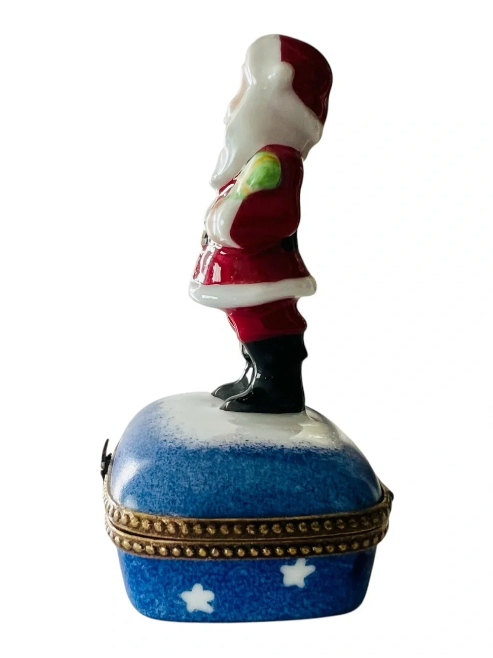 Limoges Peint Main Santa Trinket Box Santa & Blue Stars Retired Limited Edition